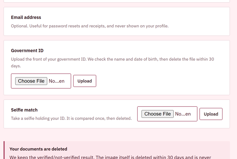 The verification screen, stating that an ID image is deleted within 30 days.